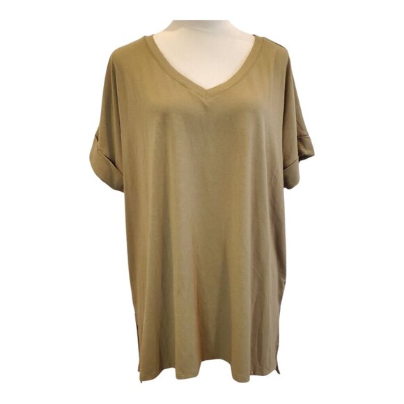 2 ZENANA SZ 1X Rolled Short Sleeve V-Neck Tops Coral Stripe & Olive Brown - Picture 3 of 10